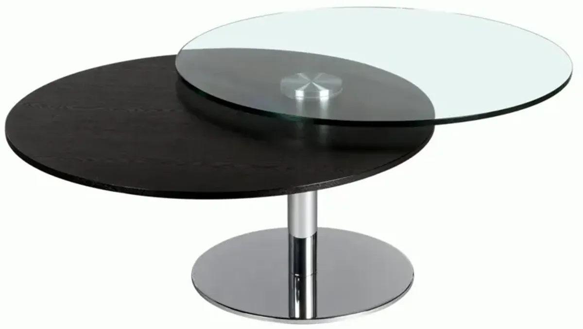 Chintaly Contemporary Dual Round Top Motion Cocktail Table with Glass & Solid Wood Top