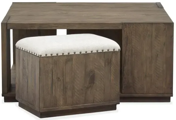 WOOD SQUARE COCKTAIL TABLE WITH 2 UPHOLSTERED SEAT STOOLS - LEIGHTON