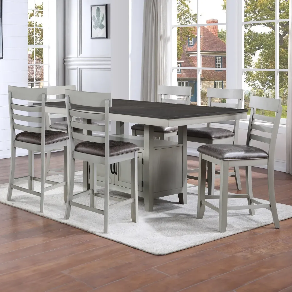 Steve Silver Hyland Counter-Height 7-Piece Set Table & 6 Side Chairs In Dove Gray And Smoky Oak