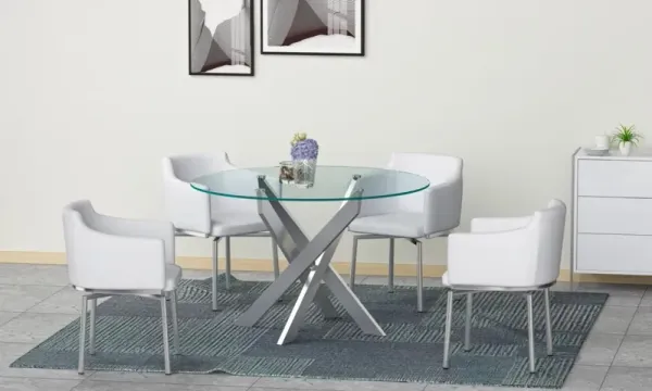 Chintaly Dusty White Dining Set with Round Glass Table & Swivel Club Chairs