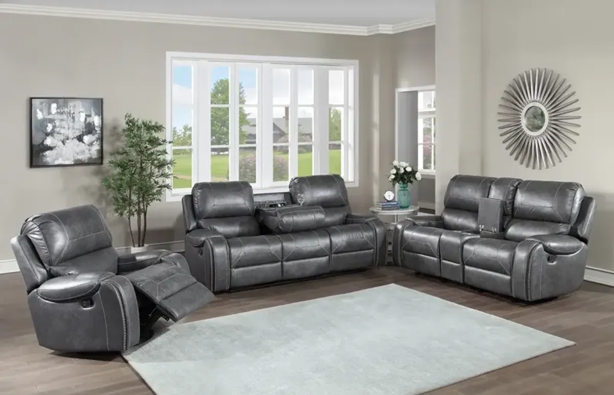 Steve Silver Keily Reclining Sofa Loveseat & Chair Set In Grey With Pewter Nailhead Trim
