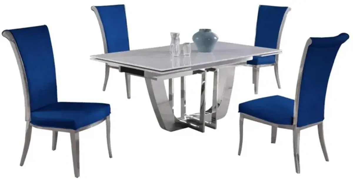 Chintaly Joy Blue Dining Set with Extendable Carrara Marble Table & 4 High-Back Chairs