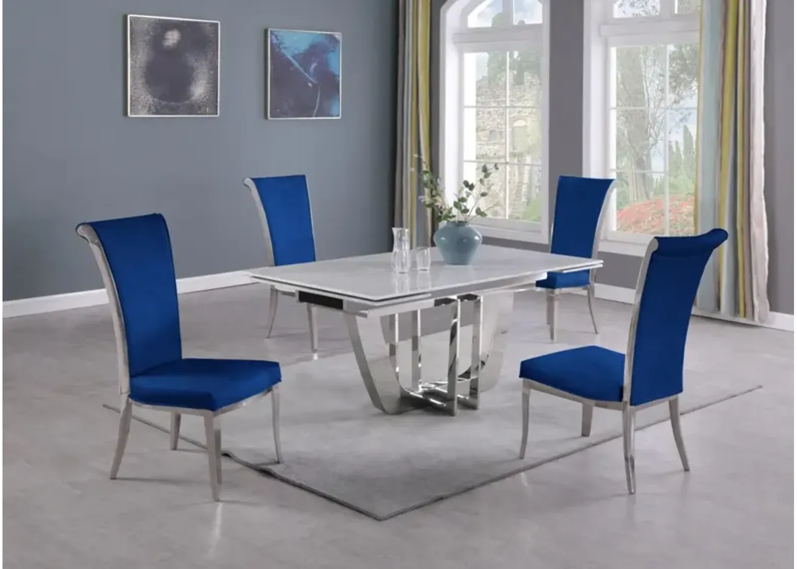 Chintaly Joy Blue Dining Set with Extendable Carrara Marble Table & 4 High-Back Chairs