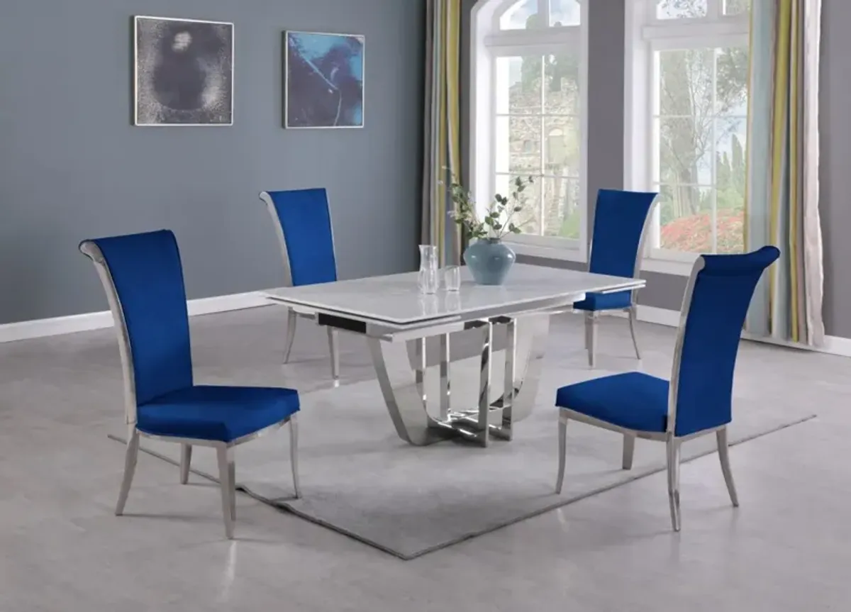 Chintaly Joy Blue Dining Set with Extendable Carrara Marble Table & 4 High-Back Chairs