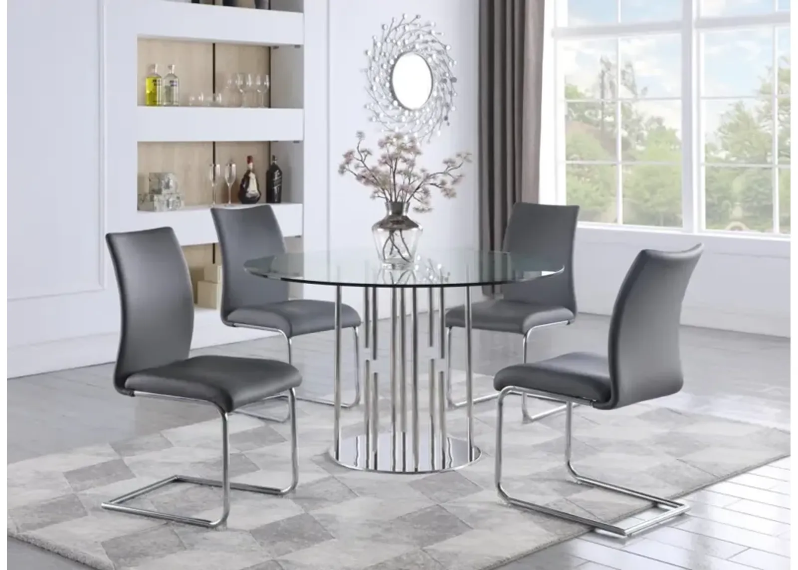 Chintaly Dining Set with Contemporary Round Glass Table & Modern Contour-Back Chairs