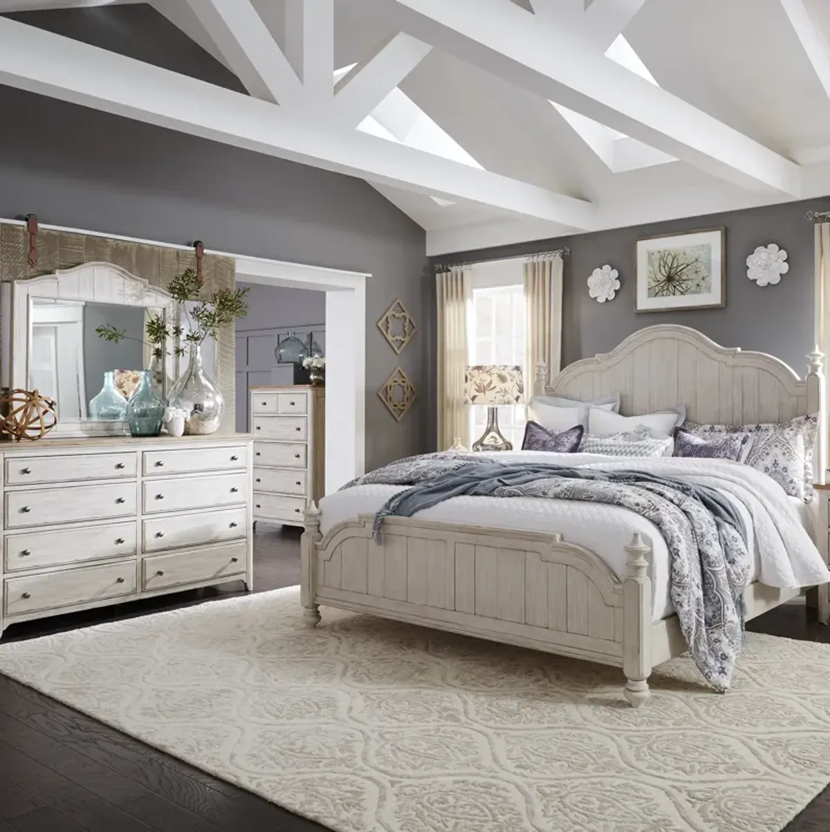 Liberty Furniture Complete King Bedroom Set Poster Bed, Dresser, Mirror & Chest Farmhouse Reimagined