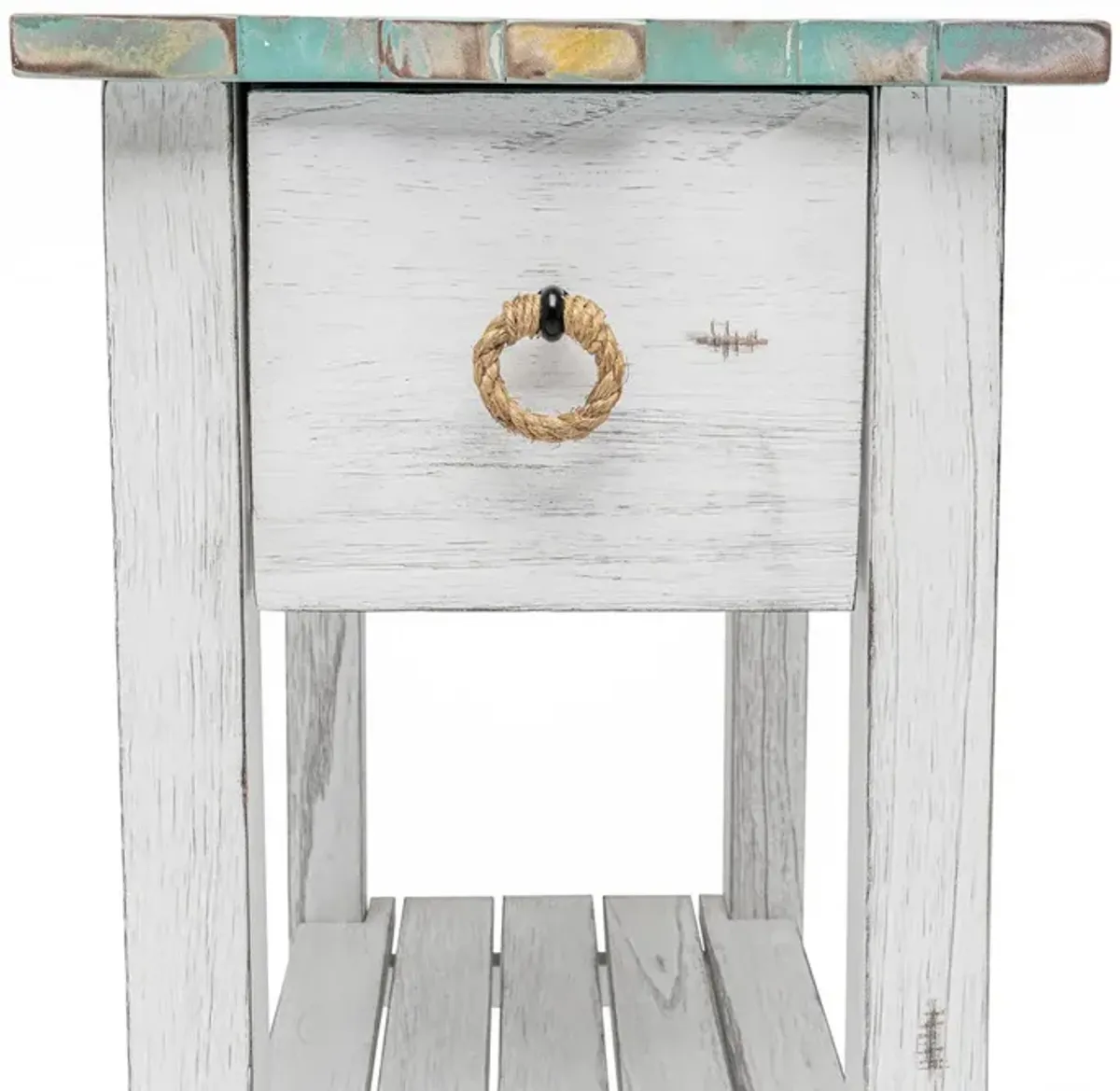 Seawinds Picket Fence Chairside Table Distressed Bleu/White Finish