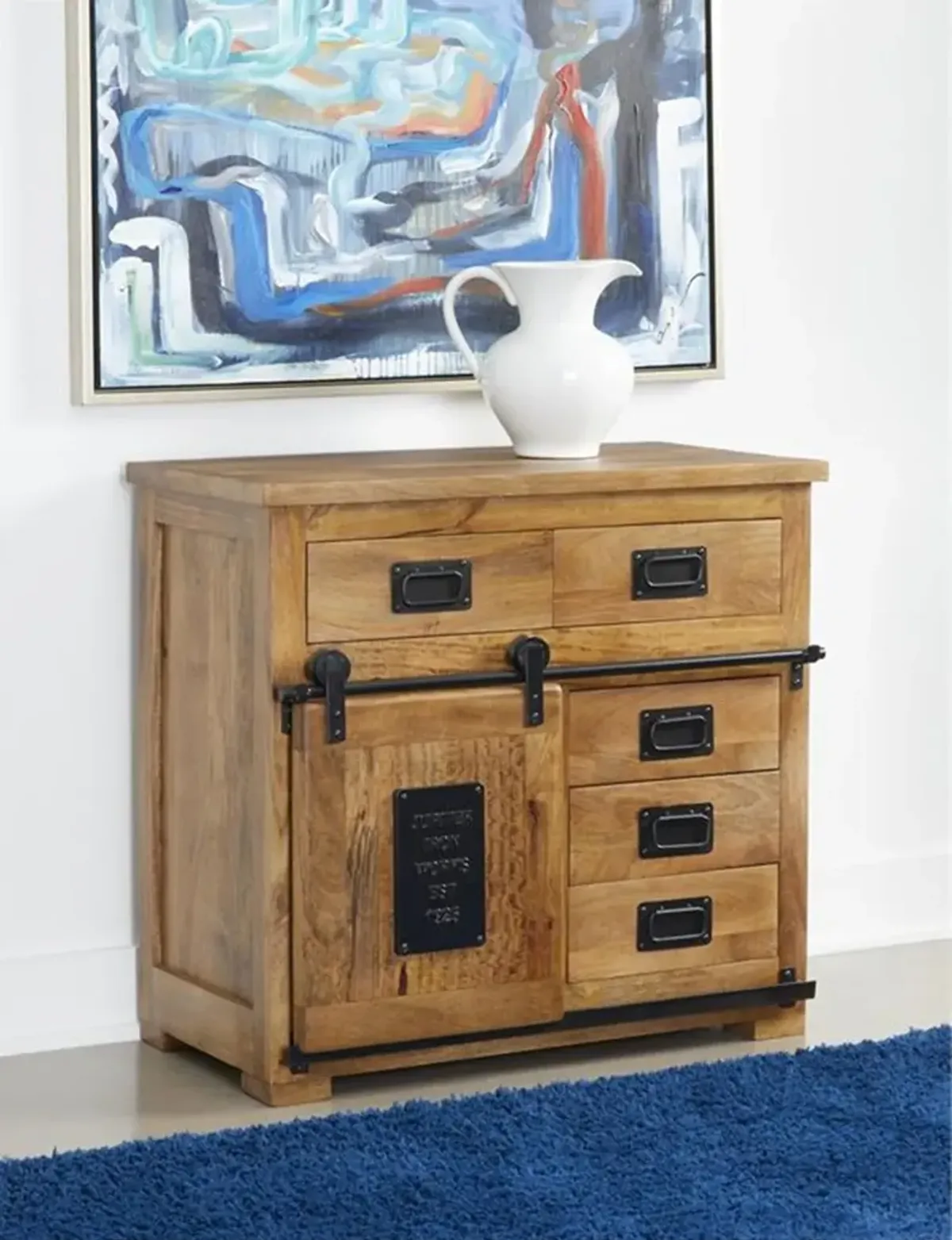 JADEN EXOTIC SHEESHAM WOOD ONE SLIDING BARN DOOR FIVE DRAWER STORAGE CABINET