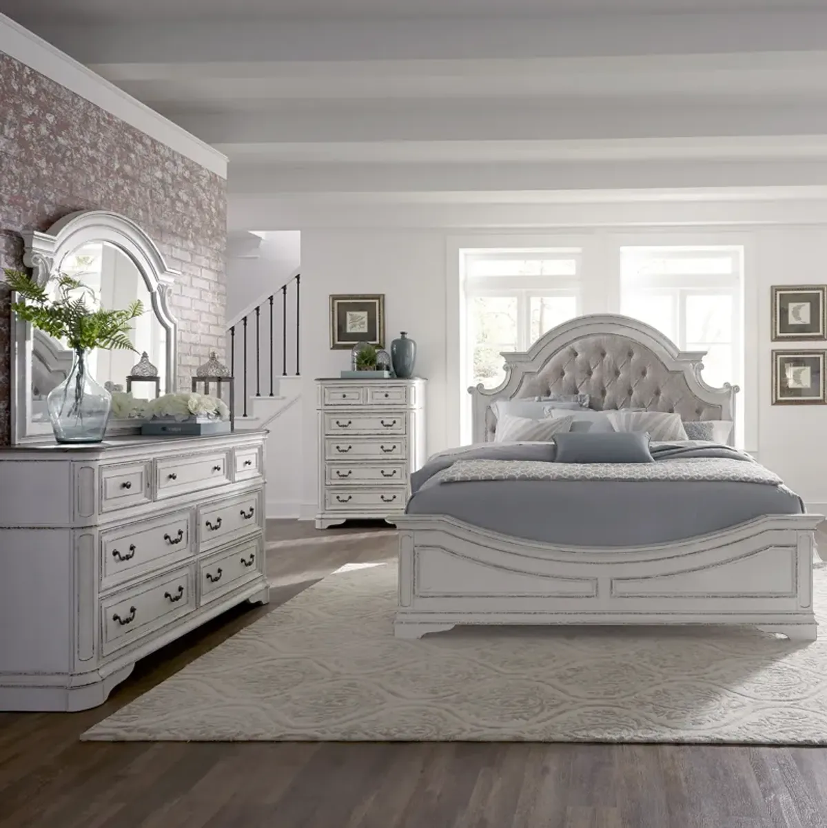 Liberty Furniture Complete Queen Bedroom Set Upholstered Bed, Dresser, Mirror & Chest Magnolia Manor White