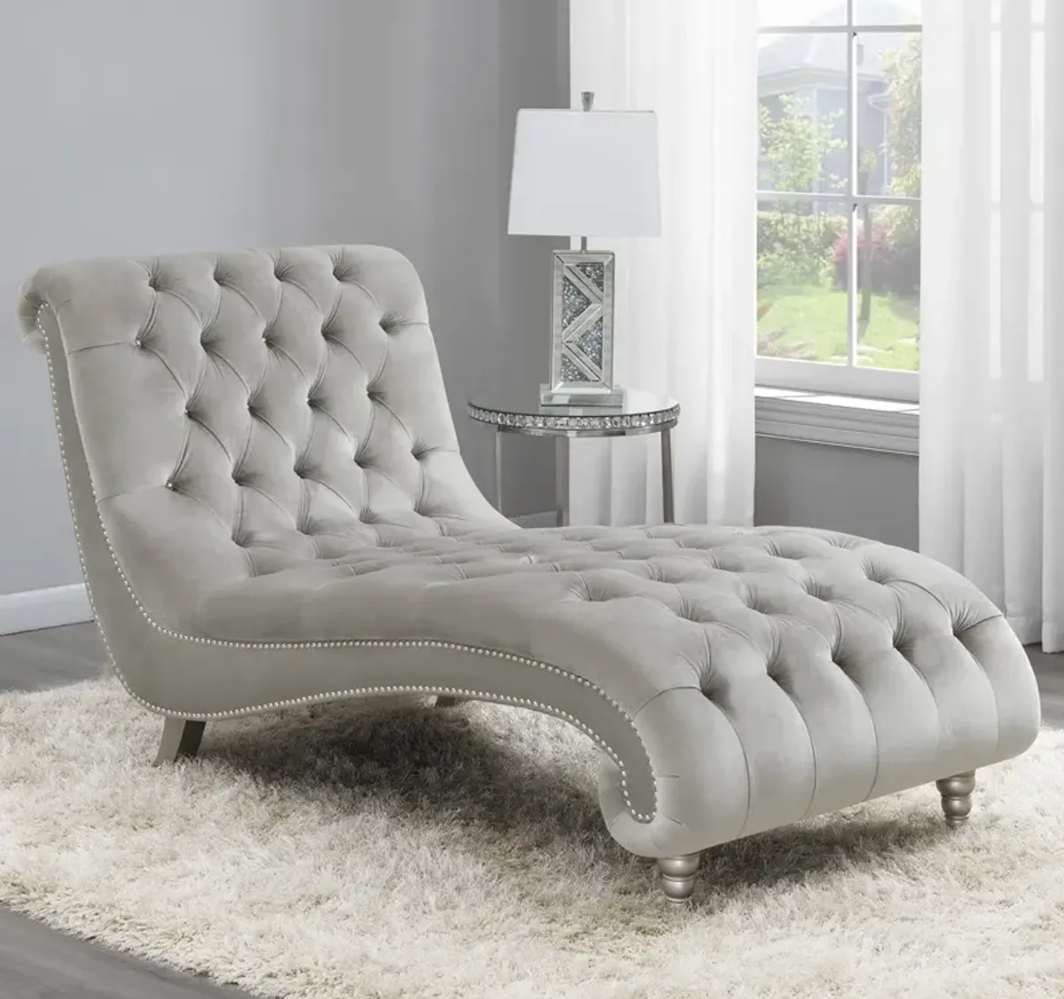 Coaster Lydia Velvet Upholstered Tufted Chaise Grey