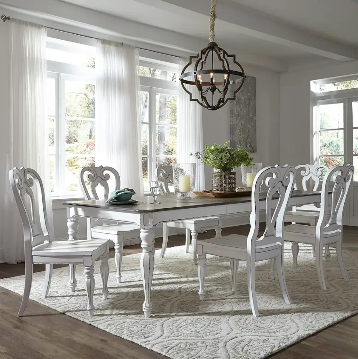 Liberty Furniture 7-Piece Antique White Weathered Bark Leg Dining Table Set with Splat Back Side Chairs Magnolia Manor