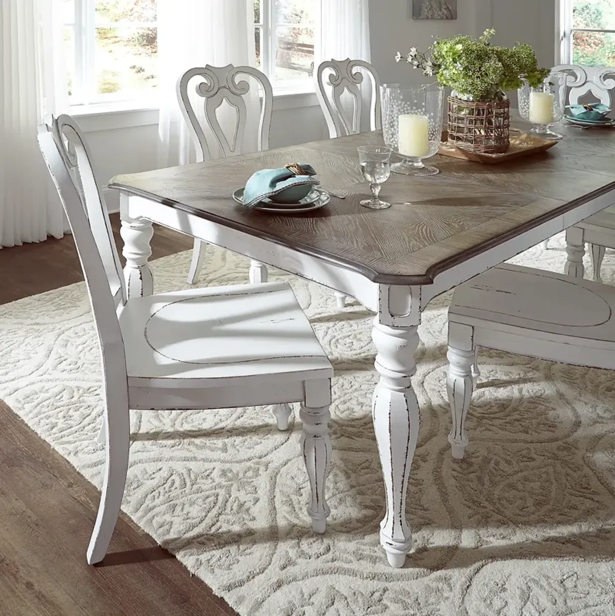 Liberty Furniture 7-Piece Antique White Weathered Bark Leg Dining Table Set with Splat Back Side Chairs Magnolia Manor