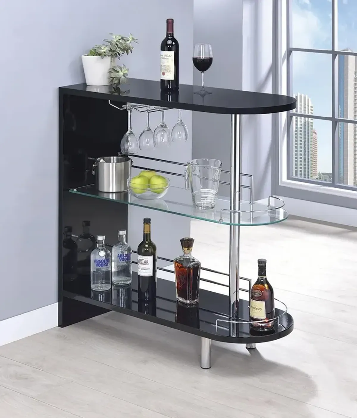 Coaster Adolfo Rectangular 2-Tier Home Bar Table Black High Gloss