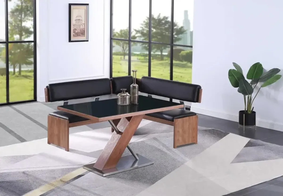 Chintaly Emma Modern Dining Set with Wooden & Black Glass Table & Nook