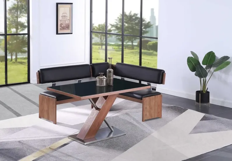 EMMA MODERN DINING SET WITH WOODEN & BLACK GLASS TABLE & NOOK