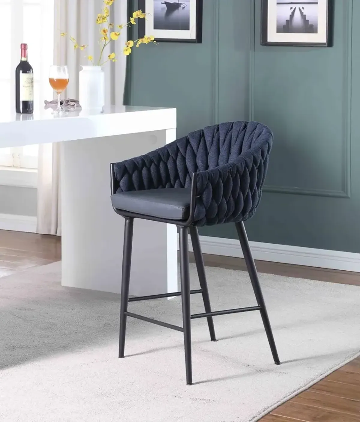 Chintaly Dina Blue Modern Bar Stool with Weave Back