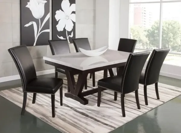 Steve Silver Finley 7-Piece White Marble Table With 6 Leatherette Chairs Set In Cordovan Dark Cherry Finish