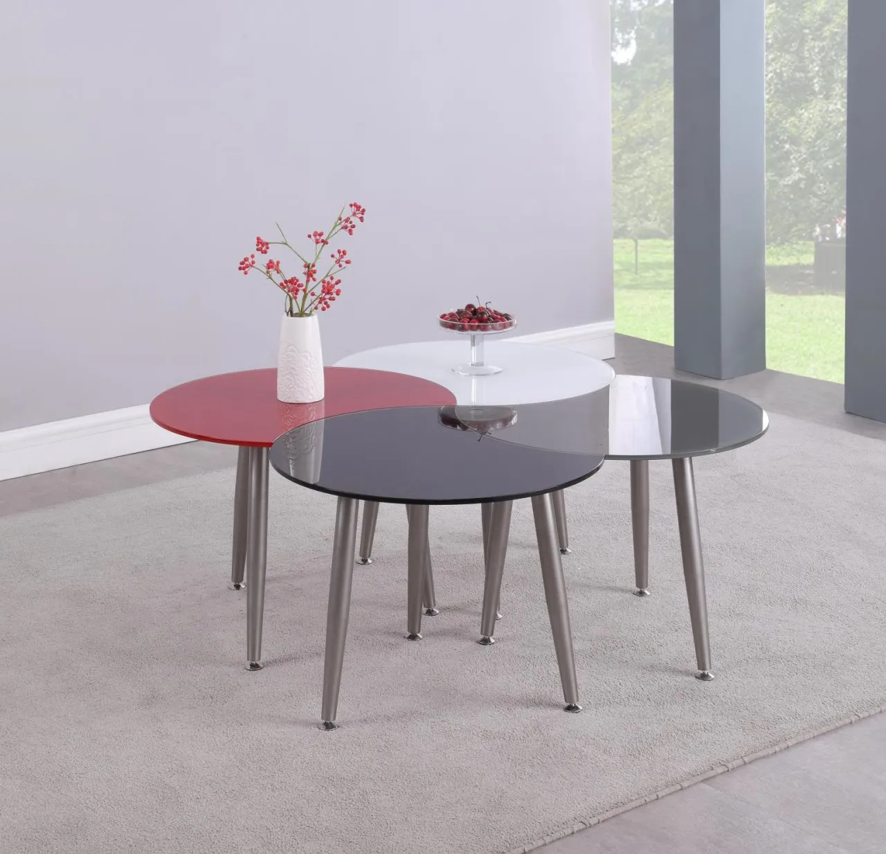 RED CONTEMPORARY SHAPED-TOP GLASS COCKTAIL TABLE