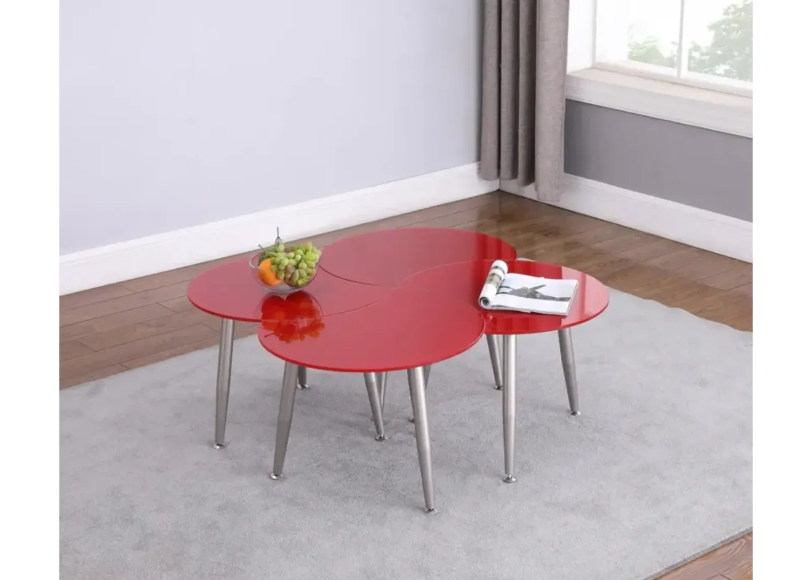 Chintaly Red Contemporary Shaped-Top Glass Cocktail Table