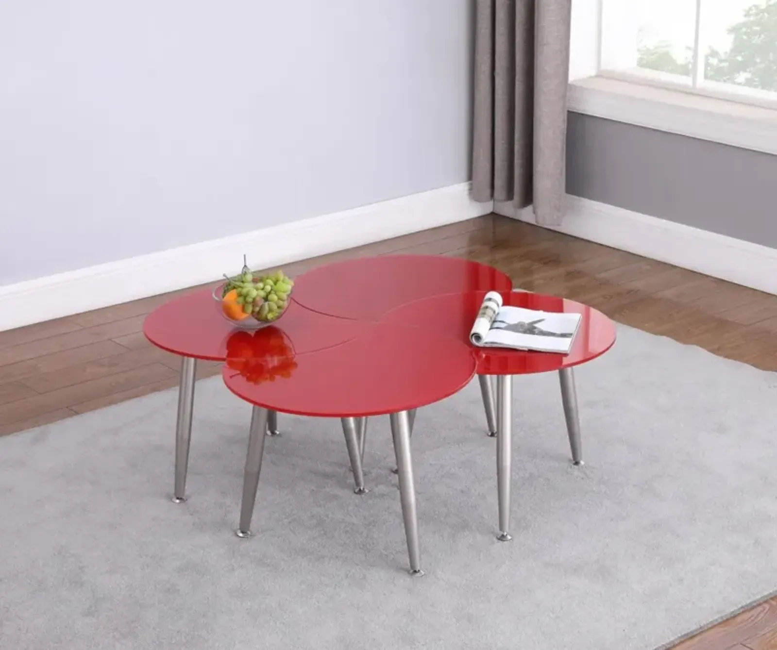 Chintaly Red Contemporary Shaped-Top Glass Cocktail Table