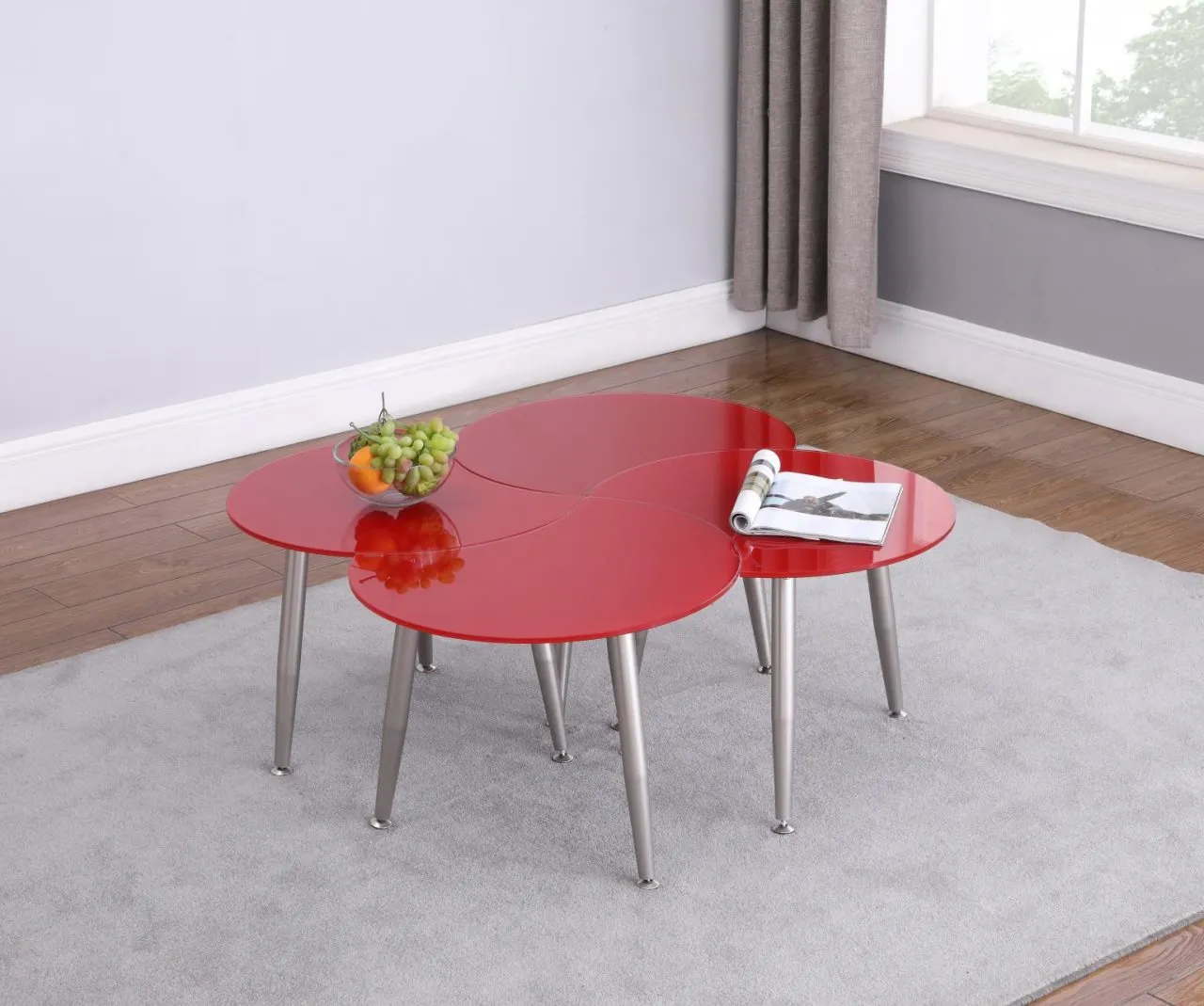 RED CONTEMPORARY SHAPED-TOP GLASS COCKTAIL TABLE