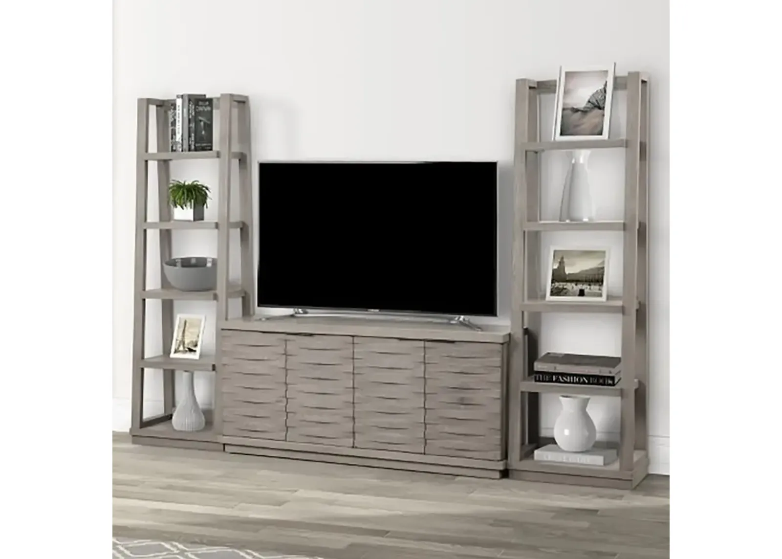 Parker House Pure Modern Moonstone 63 Inch Media Entertainment TV Stand with Two Etagere Bookcase Piers