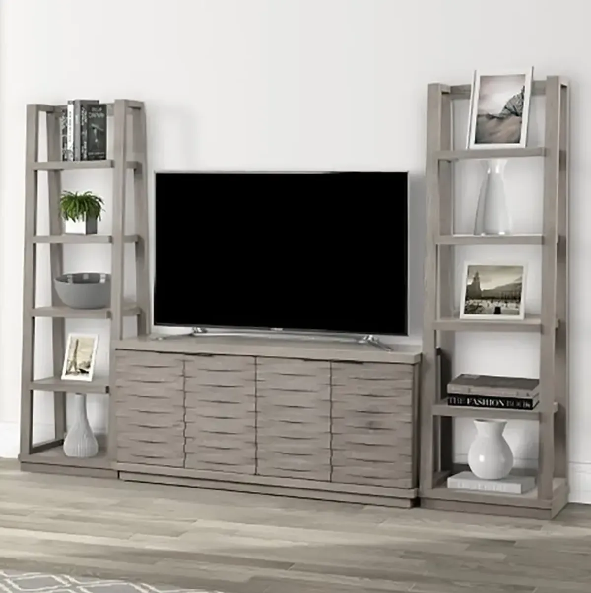 Parker House Pure Modern Moonstone 63 Inch Media Entertainment TV Stand with Two Etagere Bookcase Piers