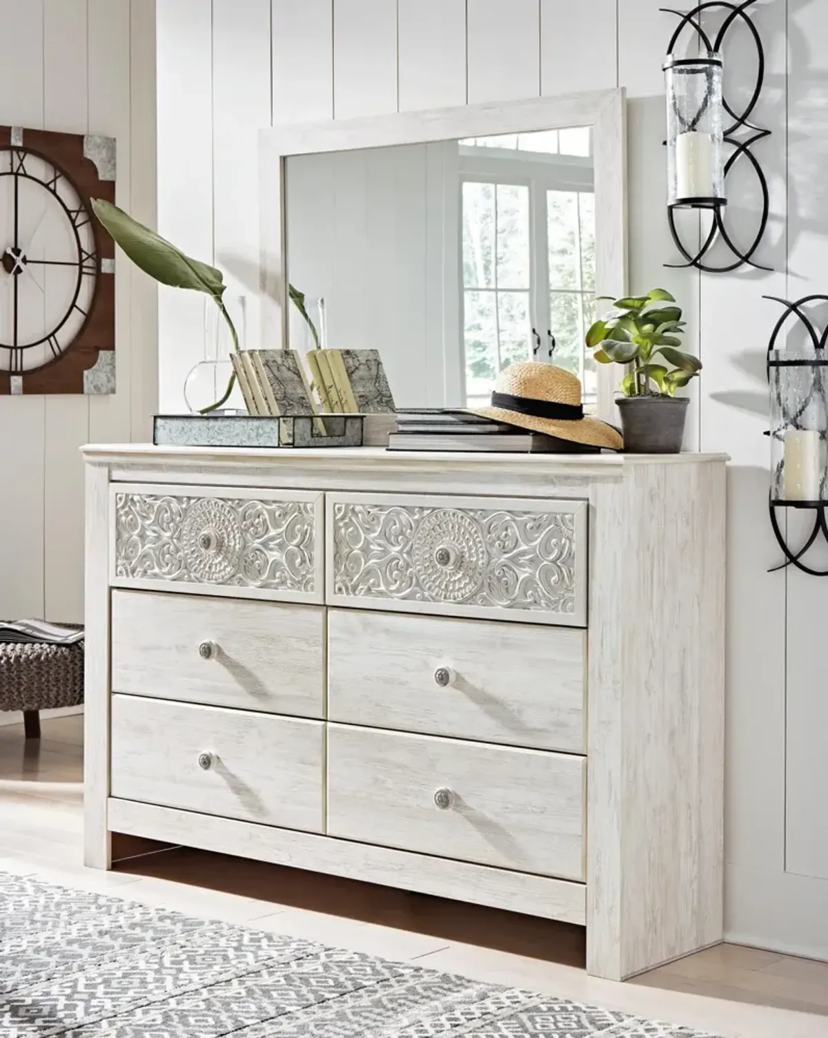 Ashley Paxberry Whitewash Chic 6-Drawer Dresser & Mirror