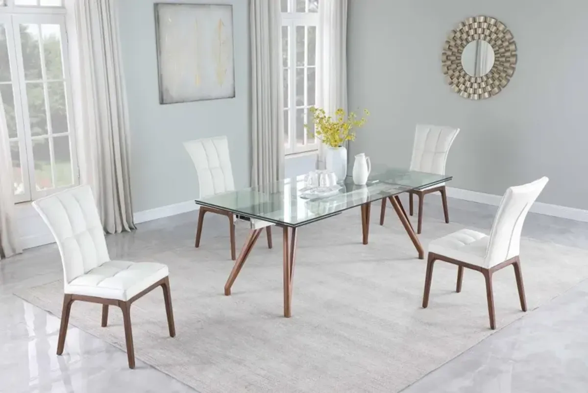 ERIKA WHITE/WALNUT MODERN WALNUT DINING SET WITH EXTENDABLE TABLE & 4 SIDE CHAIRS