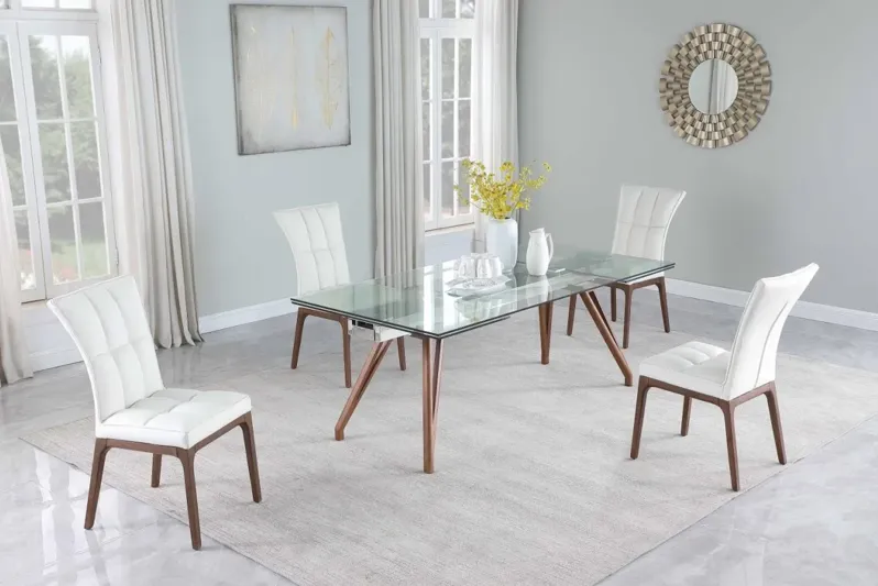 ERIKA WHITE/WALNUT MODERN WALNUT DINING SET WITH EXTENDABLE TABLE & 4 SIDE CHAIRS