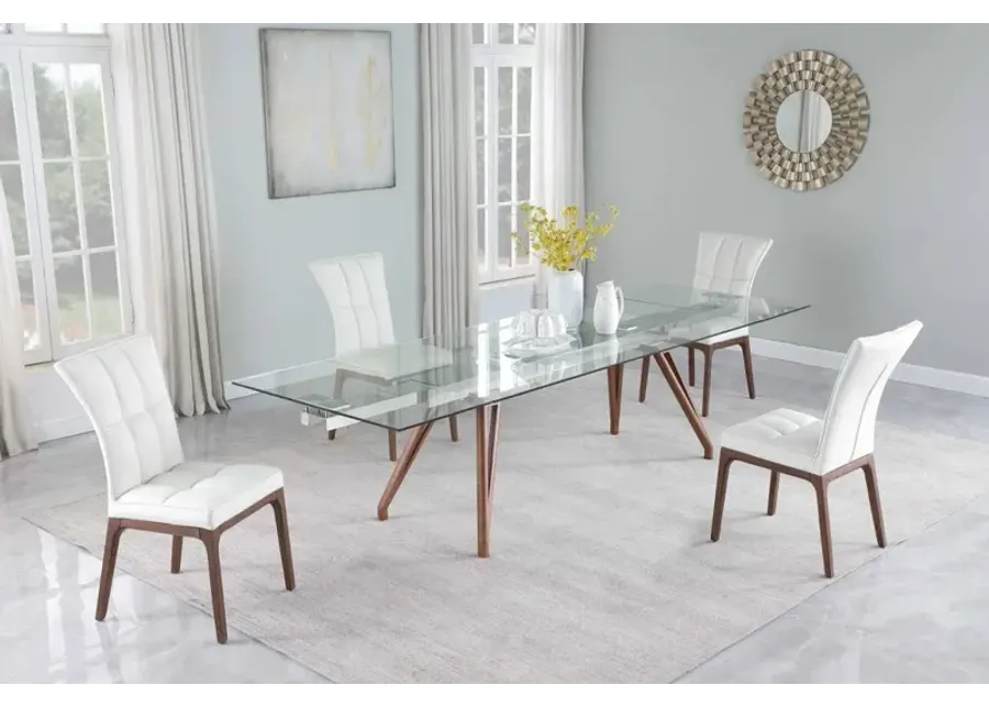 ERIKA WHITE/WALNUT MODERN WALNUT DINING SET WITH EXTENDABLE TABLE & 4 SIDE CHAIRS