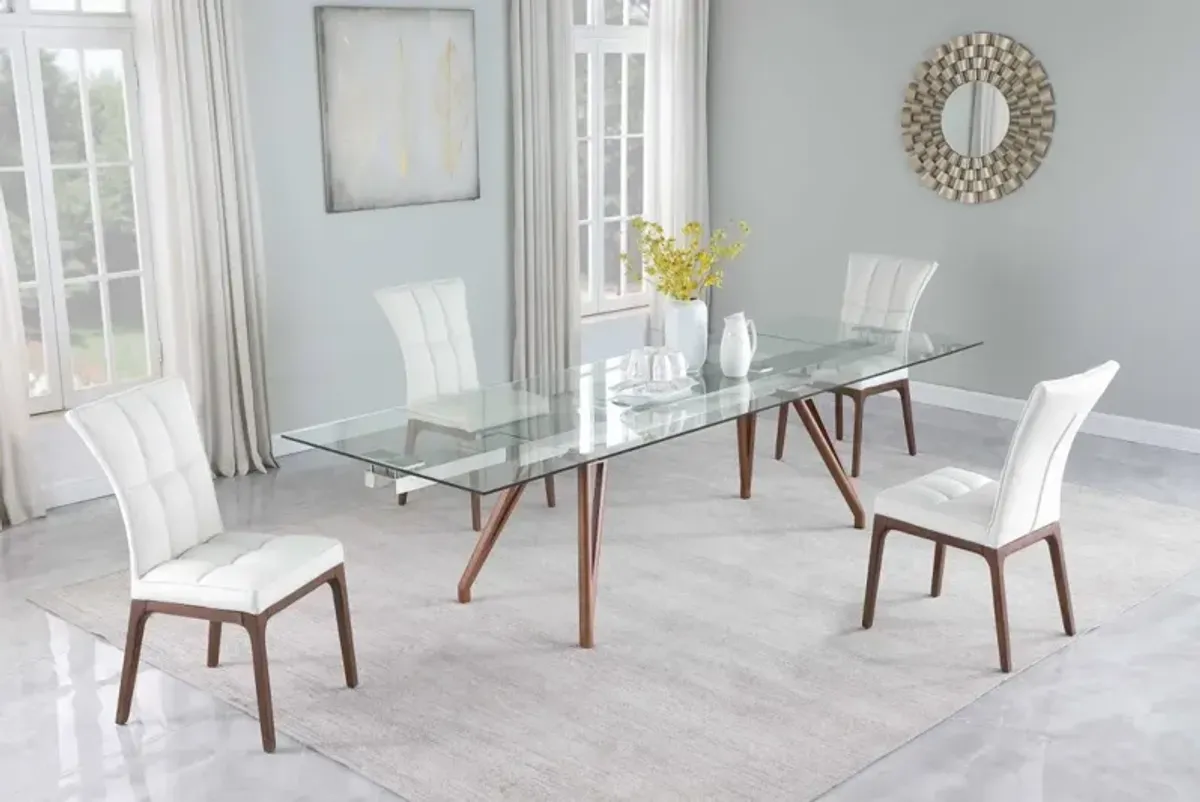 ERIKA WHITE/WALNUT MODERN WALNUT DINING SET WITH EXTENDABLE TABLE & 4 SIDE CHAIRS