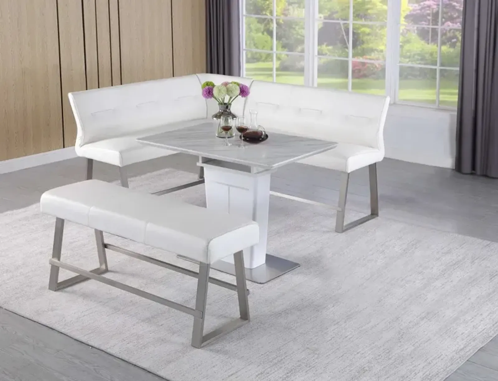 Chintaly Gwen White Contemporary Counter-Height Reversible Dining Nook Bench with Highlight Stitching