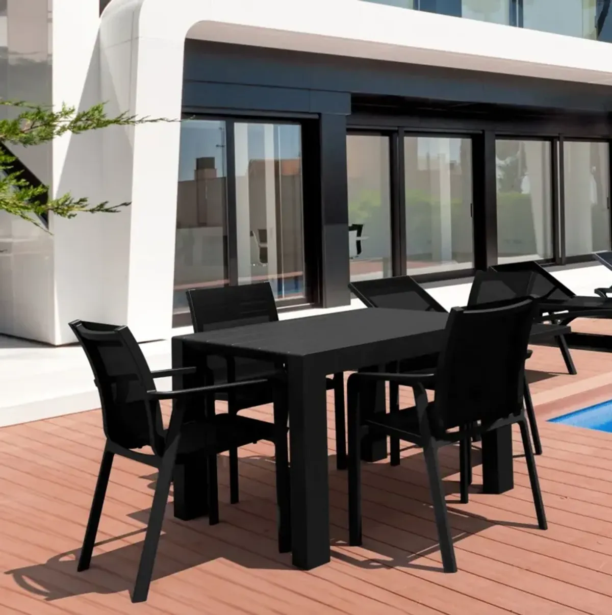 Compamia Pacific 5-Piece Outdoor Dining Set with Extension Table & Sling Arm Chairs Black Frame Black Sling