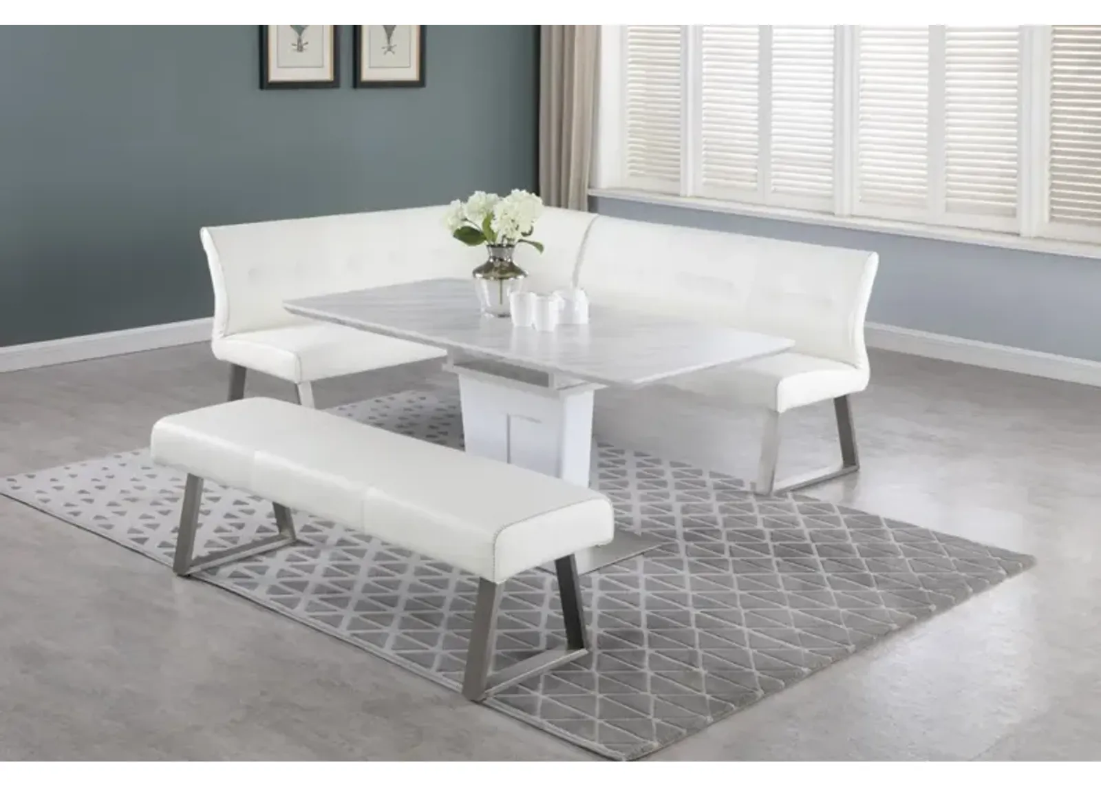 Chintaly Gwen White Contemporary Reversible Dining Nook Bench with Highlight Stitching