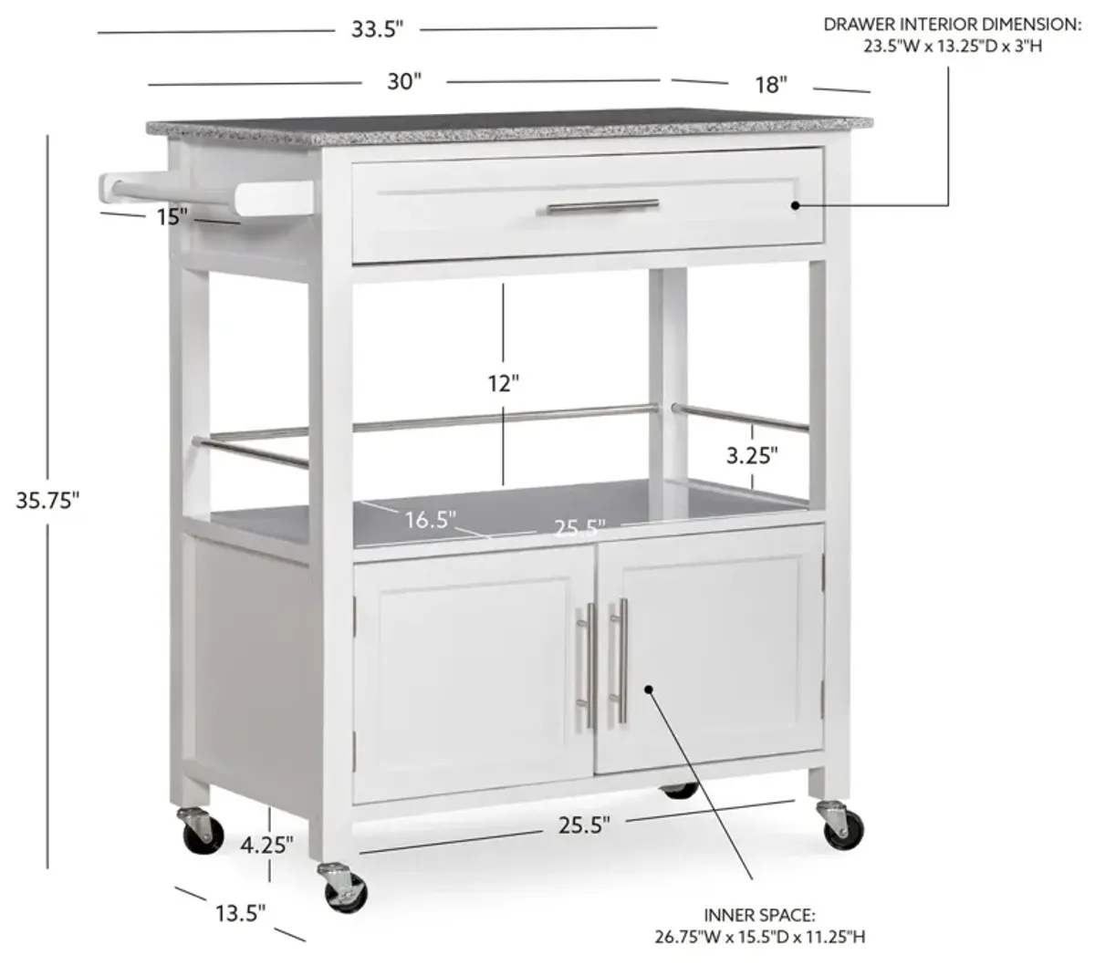 CAMERON WHITE KITCHEN CART WITH GRANITE TOP