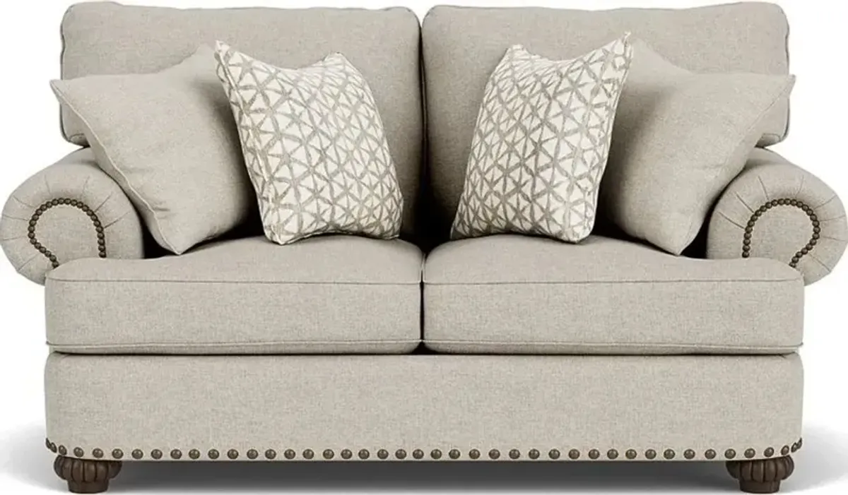 PATTERSON SILVER DRIFTWOOD LOVESEAT WITH NAILHEAD TRIM