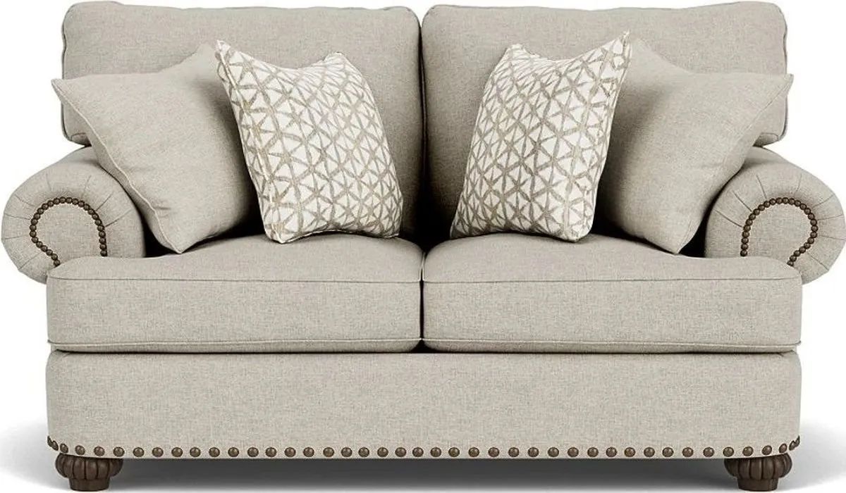 PATTERSON SILVER DRIFTWOOD LOVESEAT WITH NAILHEAD TRIM