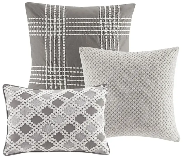 ESSENCE COTTON CLIP JACQUARD COMFORTER SET- QUEEN GREY - 1 COMFORTER: 92"W X 96"L -2 STANDARD SHAMS: 20"W X 26"L (2) 2 EURO SHAMS: 26"W X 26"L (2) 3 DECORATIVE PILLOWS: 20"W X 20"L 20"W X 20"L 14"W X 20"L