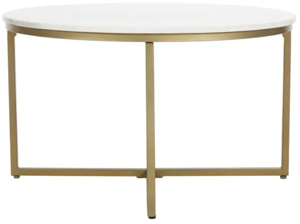GENI CONTEMPORARY WHITE MARBLE ROUND COCKTAIL COFFEE TABLE WITH GOLD POWDER COATED BASE