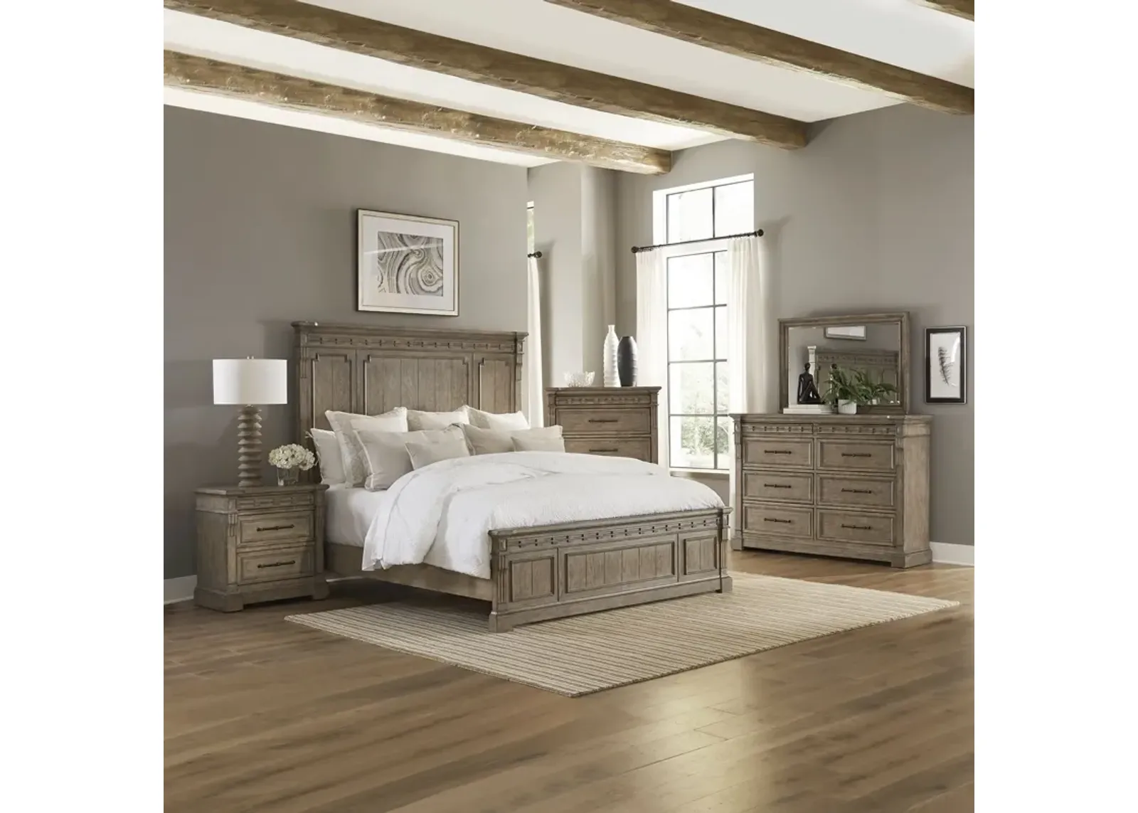 Liberty Furniture Complete Queen Bedroom Set Panel Bed, Dresser, Mirror, Chest & Nightstand Town Country