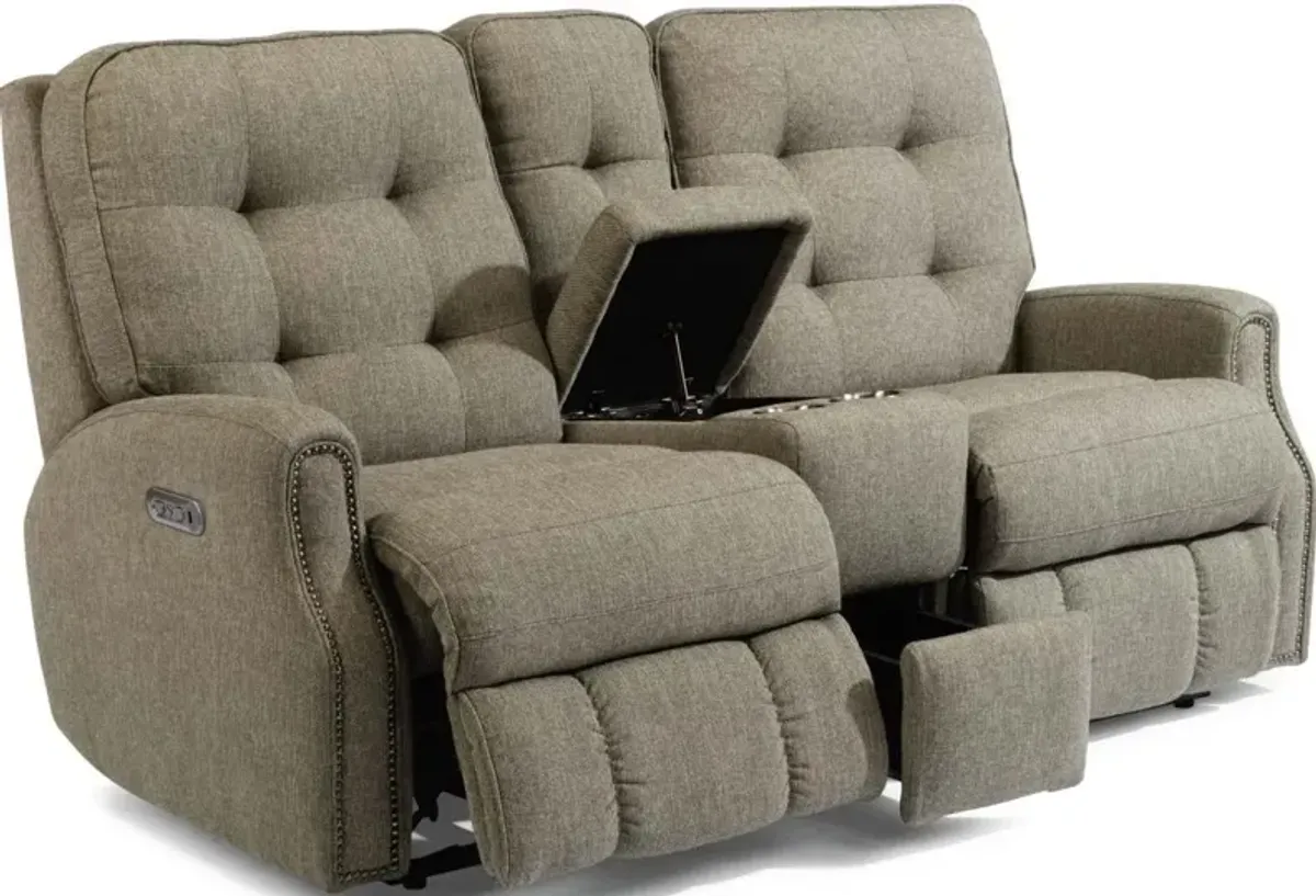 Flexsteel Devon Slate Power Reclining Loveseat with Console & Power Headrests