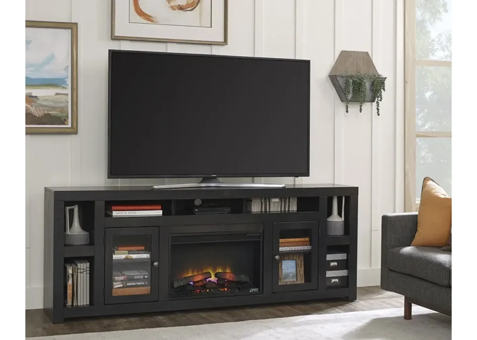 Aspenhome Avery Loft Ghost Black 84 Inch Fireplace TV Stand Console