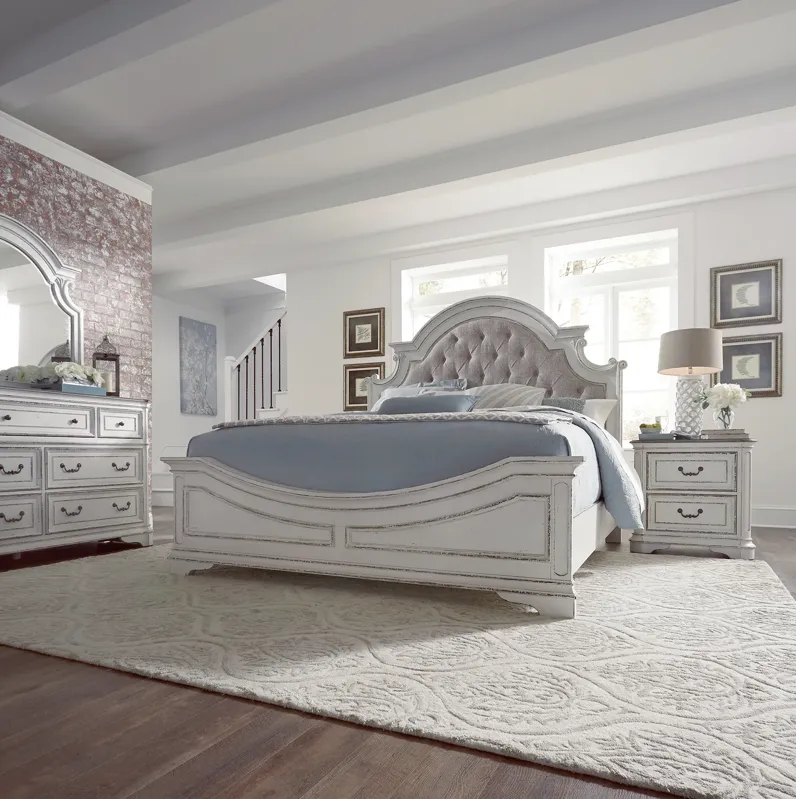 QUEEN UPHOLSTERED BED DRESSER & MIRROR NIGHT STAND - MAGNOLIA MANOR