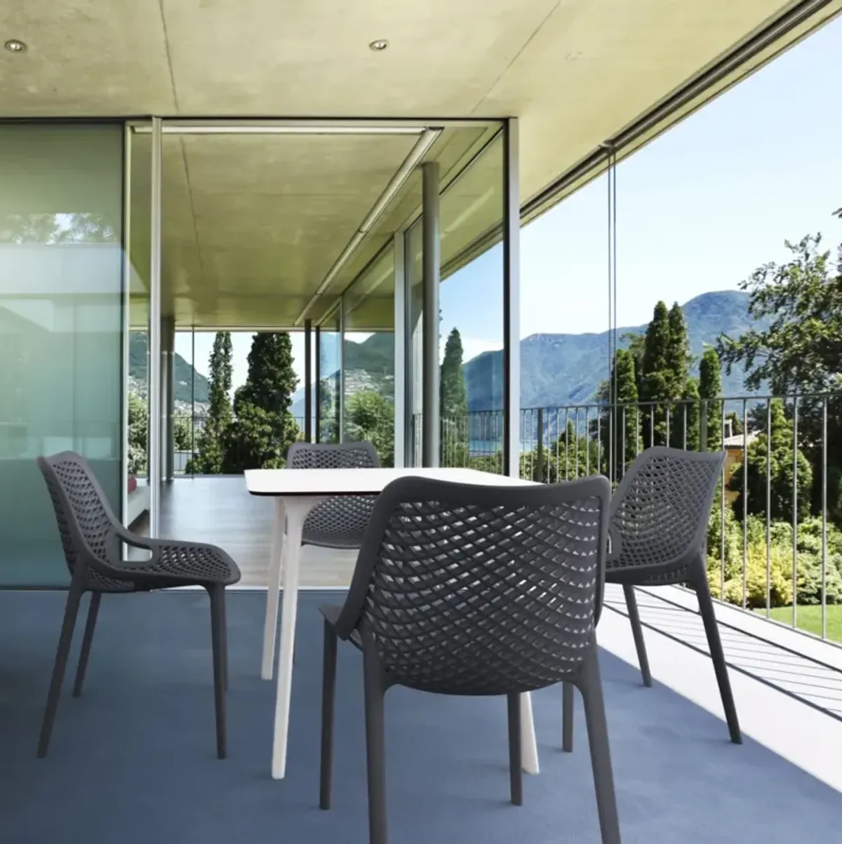 Compamia Air Maya Square Dining Set with White Table & 4 Dark Grey Chairs