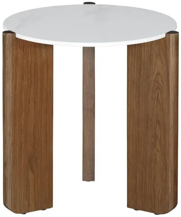 Chintaly Elissa Marbleized Sintered Stone Top Lamp Side Table with Wooden Base