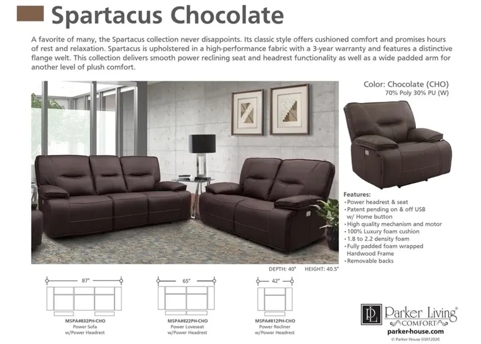 Parker House Spartacus Power Reclining Loveseat in Chocolate Color