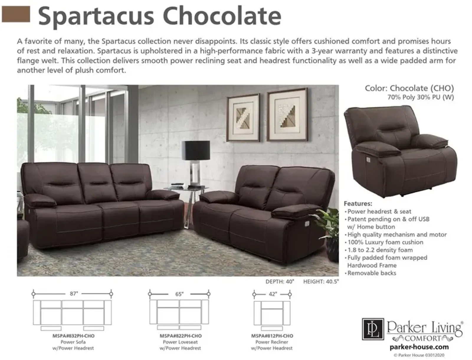 Parker House Spartacus Power Reclining Loveseat in Chocolate Color