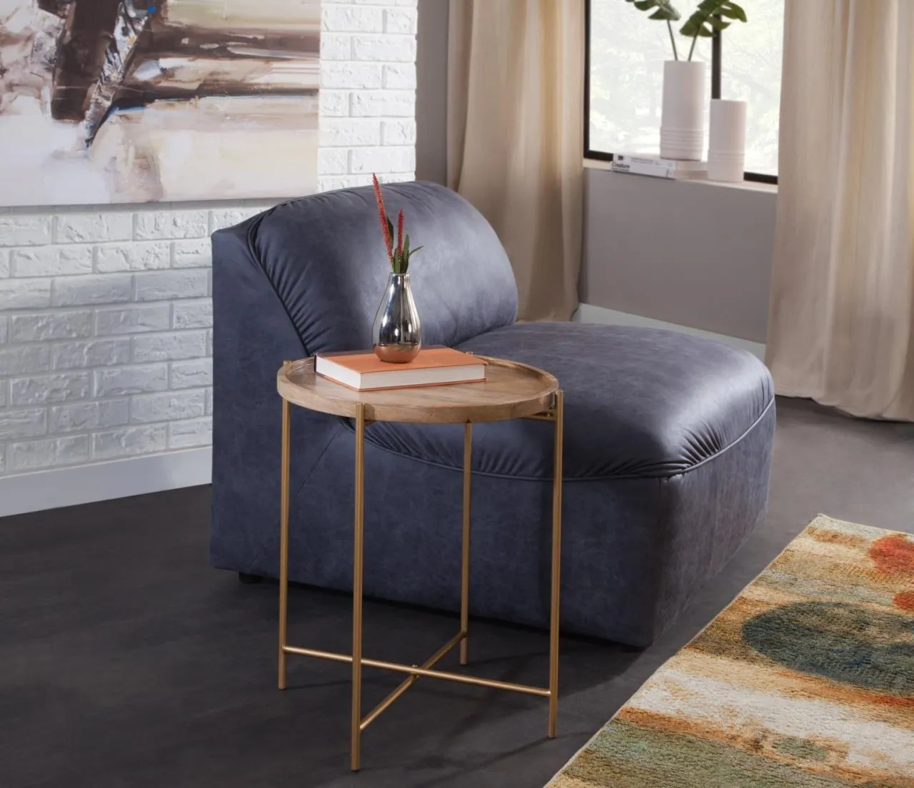 HEMINGWAY 19 INCH SOLID WOOD & METAL ROUND TRAY TOP END TABLE IN NATURAL MANGO & GOLD