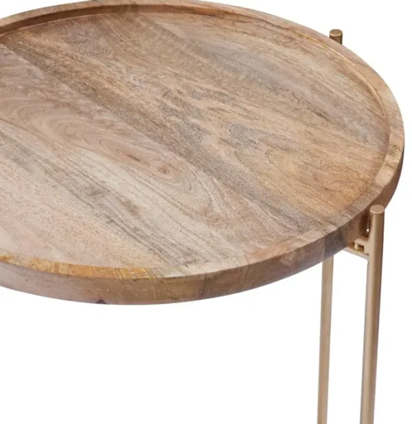 HEMINGWAY 19 INCH SOLID WOOD & METAL ROUND TRAY TOP END TABLE IN NATURAL MANGO & GOLD